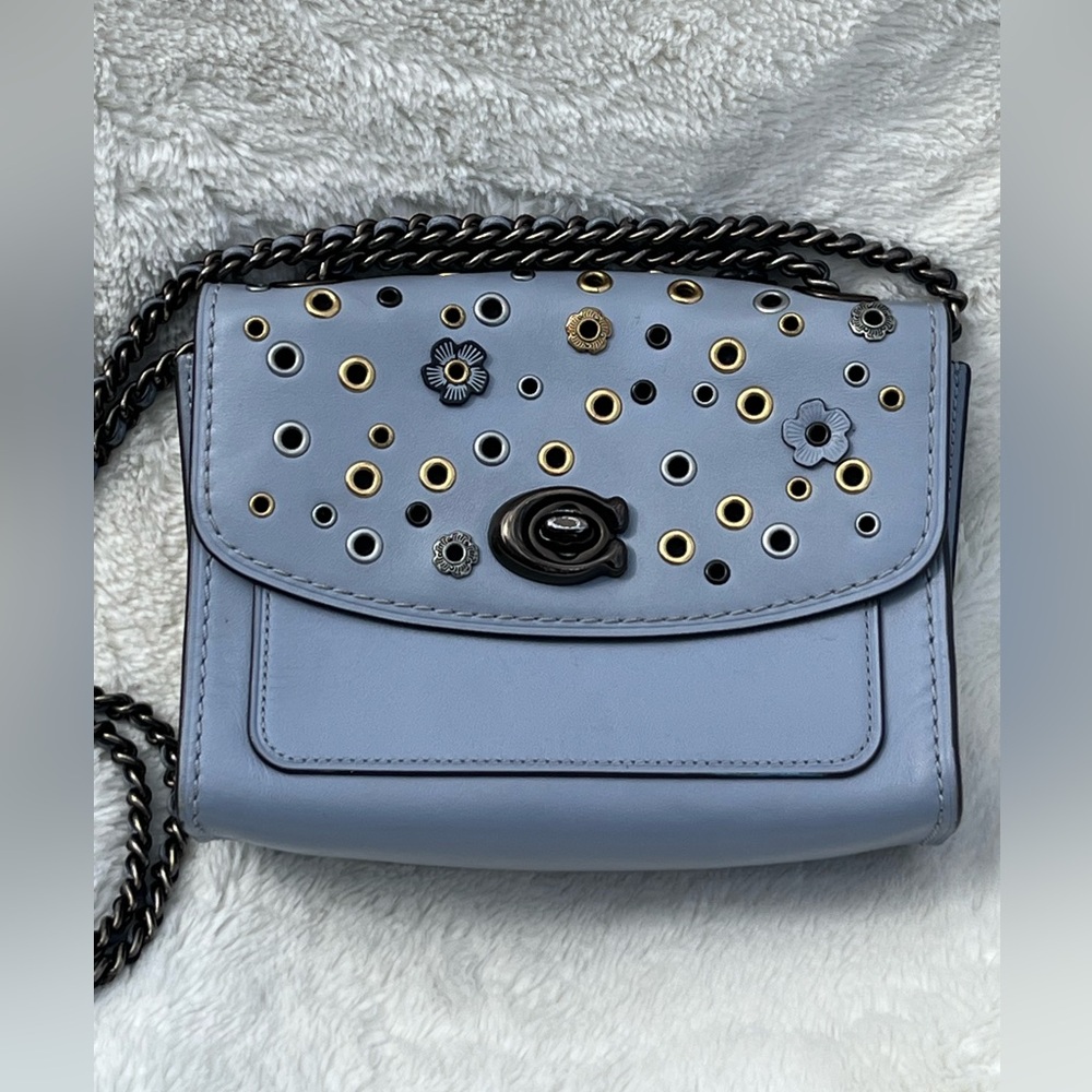 EUC Coach Parker 18 with Scattered Rivets in Blue Gray with Gunmetal Hardware - Picture 2 of 16